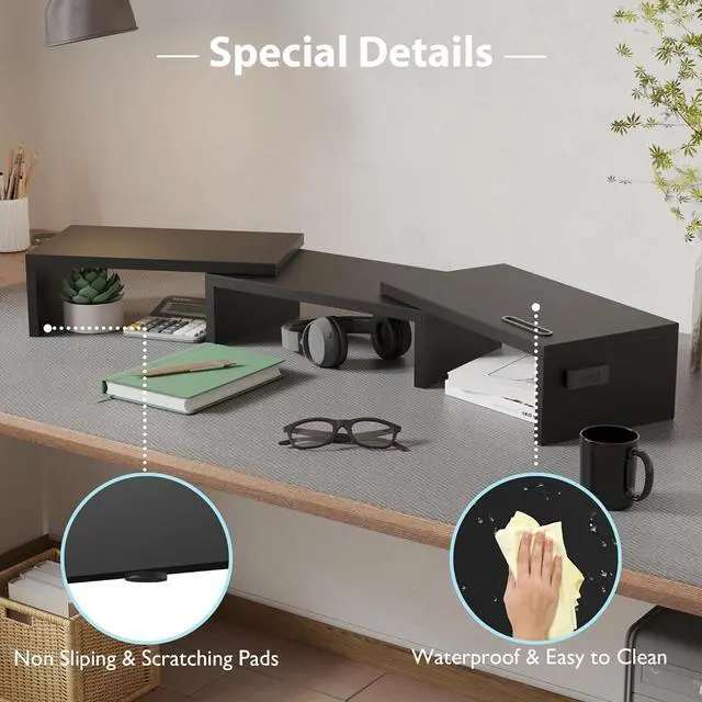 Alt view image 6 of 7 - BONTEC Dual Monitor Stand Riser, Desktop Monitor Stand with Smartphone Holder, Adjustable Length & Swivel Angle Wooden Desktop Organizer Stand PC Riser for PC Monitor Laptop Printer