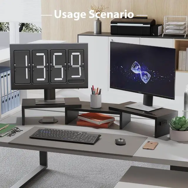 Alt view image 7 of 7 - BONTEC Dual Monitor Stand Riser, Desktop Monitor Stand with Smartphone Holder, Adjustable Length & Swivel Angle Wooden Desktop Organizer Stand PC Riser for PC Monitor Laptop Printer