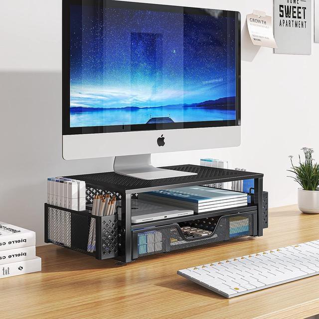 Alt view image 3 of 6 - Simple Trending 2 Tier Metal Monitor Stand Monitor riser and Computer Desk Organizer with Drawer and Pen Holder for Laptop, Computer, iMac, Black