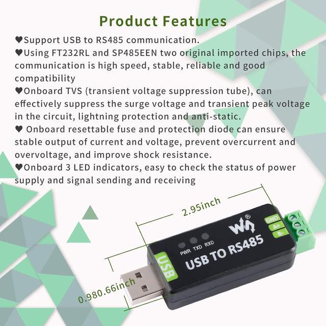 Alt view image 4 of 7 - Industrial Grade USB to RS485 Converter USB to RS485 Converter Adapter Integrated Circuits FT232RL and SP485EEN Chip Embedded Protection Circuit Resettable Fuse RS485 to USB Converter