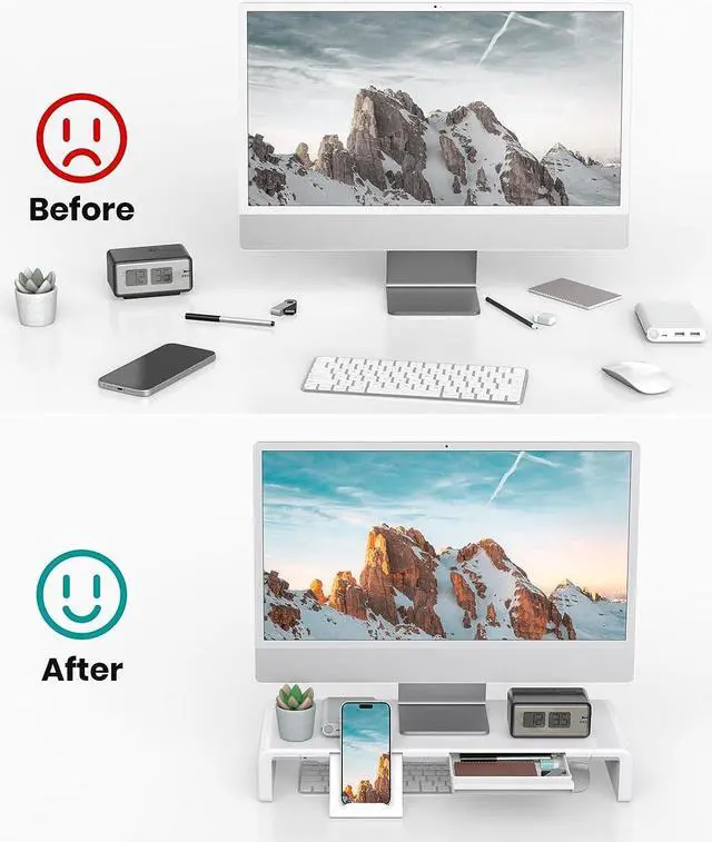 Alt view image 4 of 7 - Monitor Stand Riser, Klearlook Foldable, Height Adjustable Computer Stand, Desk Shelf Riser with Storage Drawer &Tablet Phone Stand for Desktop, Laptop (White)