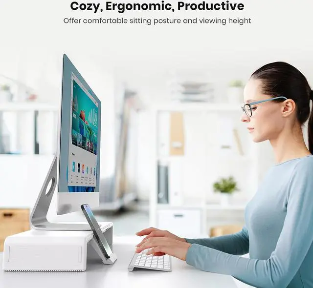 Alt view image 6 of 7 - Monitor Stand Riser, Klearlook Foldable, Height Adjustable Computer Stand, Desk Shelf Riser with Storage Drawer &Tablet Phone Stand for Desktop, Laptop (White)