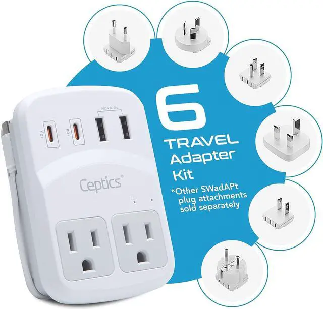 Alt view image 2 of 7 - Ceptics World Travel Adapter Kit 2 USB-A, USB-C US Outlets, 20W/QC 18W Power Delivery, Surge Protection, SWADAPT Compatible for Europe, UK, China, Australia, Japan Perfect Laptop (WPS-5B)