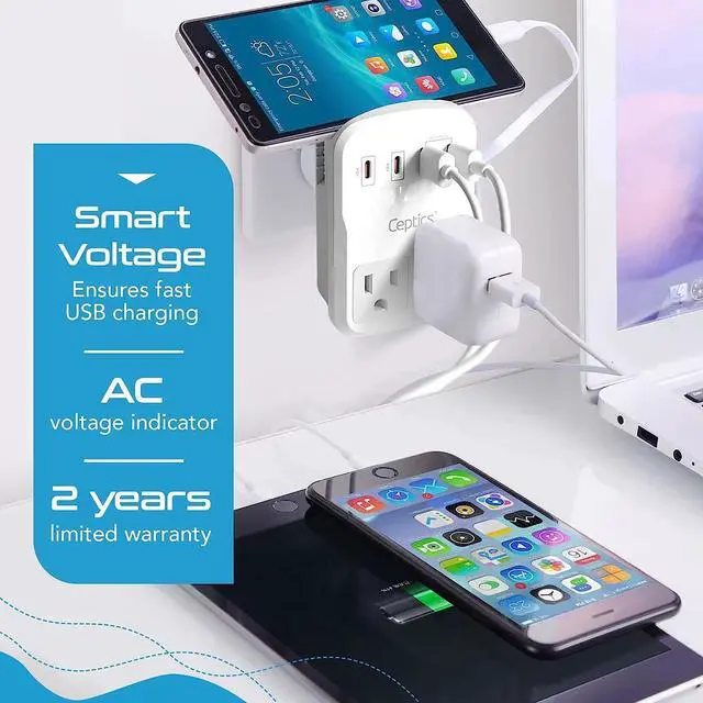 Alt view image 7 of 7 - Ceptics World Travel Adapter Kit 2 USB-A, USB-C US Outlets, 20W/QC 18W Power Delivery, Surge Protection, SWADAPT Compatible for Europe, UK, China, Australia, Japan Perfect Laptop (WPS-5B)