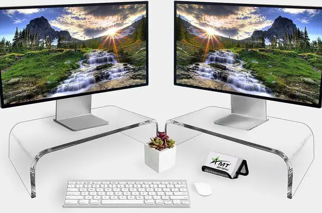 Main image of AMT 2 Pack Acrylic Laptop Monitor Stand & Computer Riser with Cat Keyboard Protector, Space-Saving Design, Extra Storage, Clear Shelf - Ideal for Monitors, Laptops, Printers, Desktop Decor