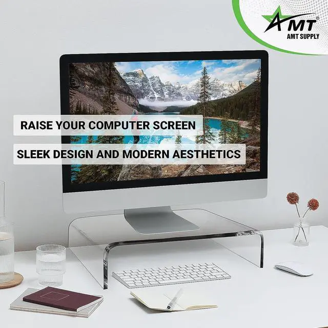 Alt view image 2 of 7 - AMT 2 Pack Acrylic Laptop Monitor Stand & Computer Riser with Cat Keyboard Protector, Space-Saving Design, Extra Storage, Clear Shelf - Ideal for Monitors, Laptops, Printers, Desktop Decor