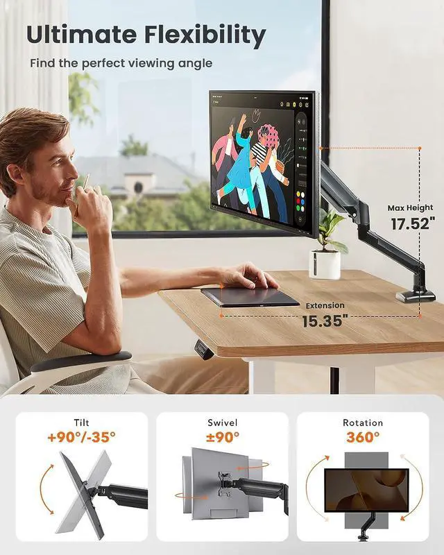Alt view image 3 of 7 - ErGear Single Monitor Arm for 13-34 inch Screens, Adjustable Gas Spring Monitor Mount Holds up to 22 lbs, Computer Monitor Stand with VESA Mount, C-Clamp & Grommet Base, Max VESA 100x100mm,