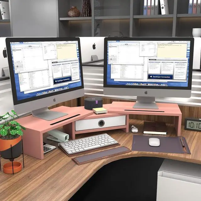 Alt view image 2 of 7 - WESTREE Dual 3 Shelf Computer Riser with Drawer, Adjustable Length and Angle, Desktop 2 Monitor Stand Storage Organizer