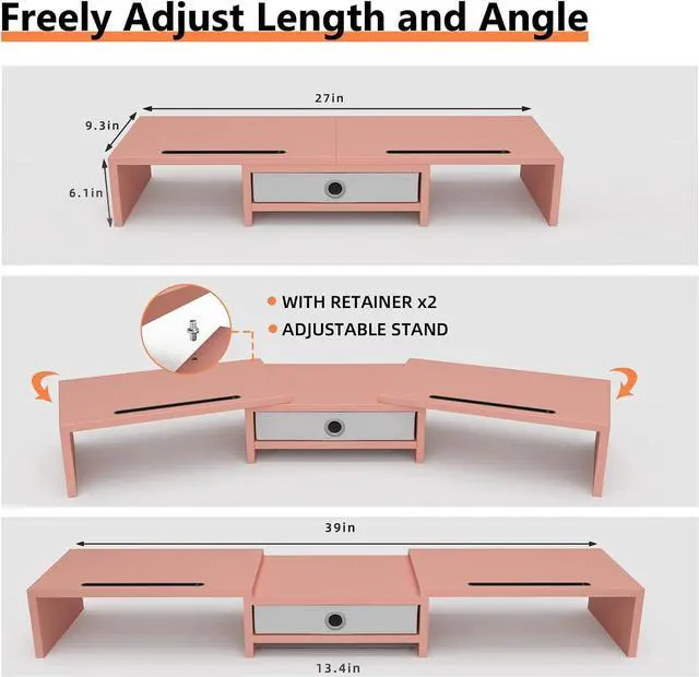 Alt view image 7 of 7 - WESTREE Dual 3 Shelf Computer Riser with Drawer, Adjustable Length and Angle, Desktop 2 Monitor Stand Storage Organizer
