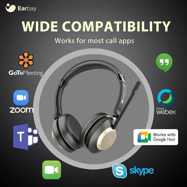 Alt view image 4 of 7 - Bluetooth Headset Wireless Headset with Microphone for PC Wireless Headphones with Mic Noise Cancelling/Mute/Charging Dock/USB Dongle 45hrs|Dual Connect Computer Cell Phones Teams Skype Zoom (Gold)