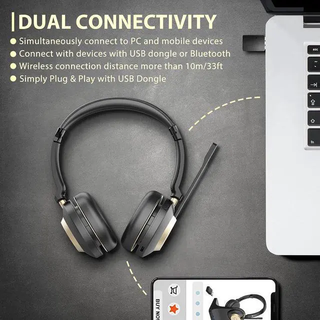 Alt view image 3 of 7 - Bluetooth Headset Wireless Headset with Microphone for PC Wireless Headphones with Mic Noise Cancelling/Mute/Charging Dock/USB Dongle 45hrs|Dual Connect Computer Cell Phones Teams Skype Zoom (Gold)