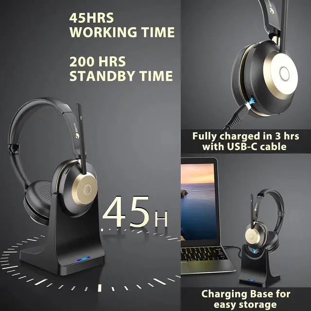 Alt view image 5 of 7 - Bluetooth Headset Wireless Headset with Microphone for PC Wireless Headphones with Mic Noise Cancelling/Mute/Charging Dock/USB Dongle 45hrs|Dual Connect Computer Cell Phones Teams Skype Zoom (Gold)