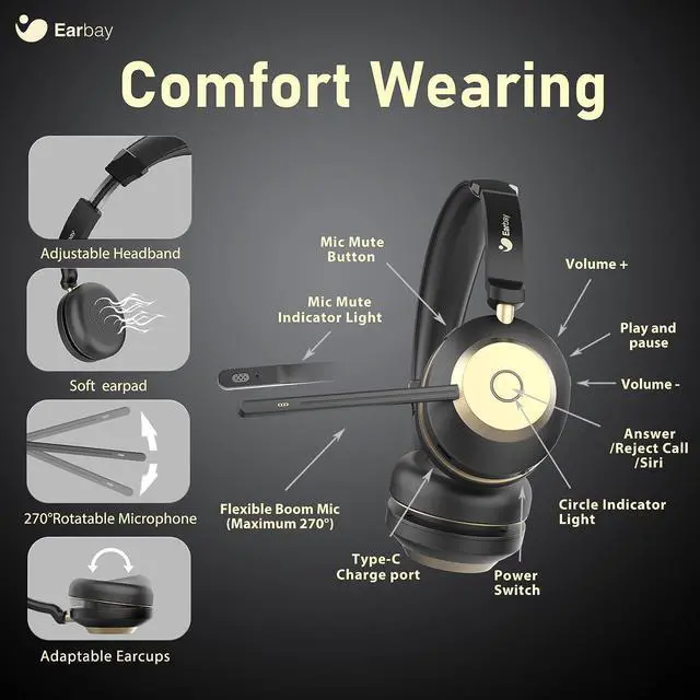 Alt view image 7 of 7 - Bluetooth Headset Wireless Headset with Microphone for PC Wireless Headphones with Mic Noise Cancelling/Mute/Charging Dock/USB Dongle 45hrs|Dual Connect Computer Cell Phones Teams Skype Zoom (Gold)