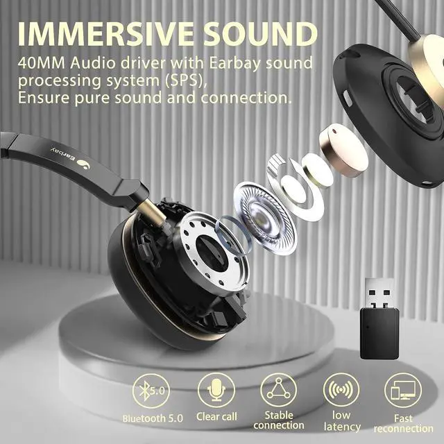 Alt view image 6 of 7 - Bluetooth Headset Wireless Headset with Microphone for PC Wireless Headphones with Mic Noise Cancelling/Mute/Charging Dock/USB Dongle 45hrs|Dual Connect Computer Cell Phones Teams Skype Zoom (Gold)