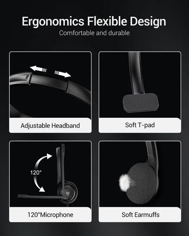 Alt view image 4 of 6 - HW02 USB Headset with Microphone Noise Cancelling &in-line Control Ultra Comfort Computer Headset for Laptop pc On-Ear Wired Office Call Center Headset for Boom Skype WebinarsBlack