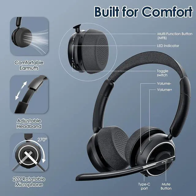 Alt view image 2 of 7 - Bluetooth Headset, V5.2 Wireless Headset with AI Noise Cancellation Microphone, On Ear Headphones with Charging Base and Bluetooth Adapter, for Computer Home Office Call Center Zoom Skype