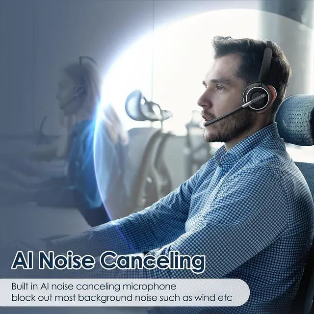 Alt view image 3 of 7 - Bluetooth Headset, V5.2 Wireless Headset with AI Noise Cancellation Microphone, On Ear Headphones with Charging Base and Bluetooth Adapter, for Computer Home Office Call Center Zoom Skype