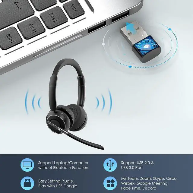 Alt view image 4 of 7 - Bluetooth Headset, V5.2 Wireless Headset with AI Noise Cancellation Microphone, On Ear Headphones with Charging Base and Bluetooth Adapter, for Computer Home Office Call Center Zoom Skype