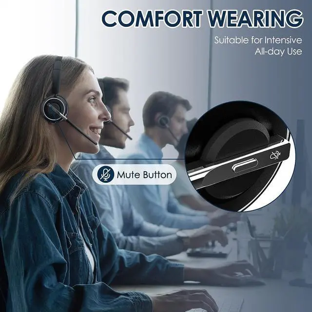 Alt view image 5 of 7 - Bluetooth Headset, V5.2 Wireless Headset with AI Noise Cancellation Microphone, On Ear Headphones with Charging Base and Bluetooth Adapter, for Computer Home Office Call Center Zoom Skype