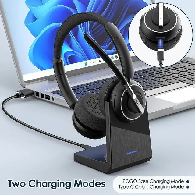 Alt view image 6 of 7 - Bluetooth Headset, V5.2 Wireless Headset with AI Noise Cancellation Microphone, On Ear Headphones with Charging Base and Bluetooth Adapter, for Computer Home Office Call Center Zoom Skype