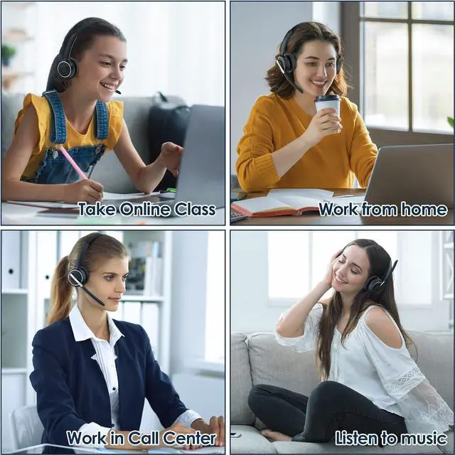 Alt view image 7 of 7 - Bluetooth Headset, V5.2 Wireless Headset with AI Noise Cancellation Microphone, On Ear Headphones with Charging Base and Bluetooth Adapter, for Computer Home Office Call Center Zoom Skype
