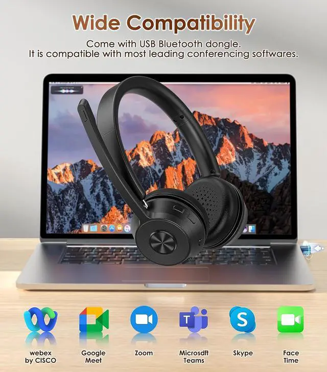 Alt view image 4 of 6 - (Upgraded Version) Wireless Headset Bluetooth Headset with Noise Cancelling Microphone Best Headphones with Mic Mute & USB Dongle for PC/Computer/Laptop/Cell Phones/Remote Work/Call Center