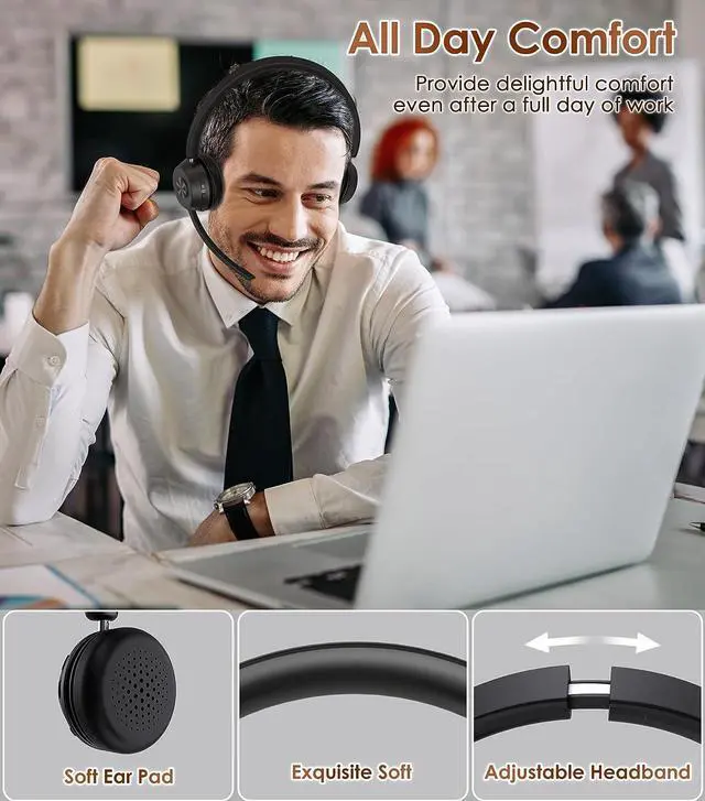 Alt view image 6 of 6 - (Upgraded Version) Wireless Headset Bluetooth Headset with Noise Cancelling Microphone Best Headphones with Mic Mute & USB Dongle for PC/Computer/Laptop/Cell Phones/Remote Work/Call Center