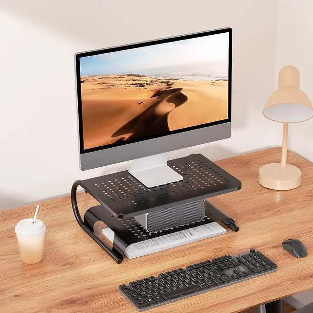 Alt view image 5 of 7 - WALI Monitor Stand Riser, Computer Desktop Stand Riser Holder, Vented Metal 2 Tier Desk Shelf for Desk Organizer (STT001B), 1 Pack, Black