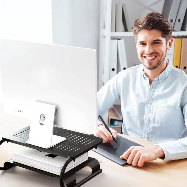 Alt view image 6 of 7 - WALI Monitor Stand Riser, Computer Desktop Stand Riser Holder, Vented Metal 2 Tier Desk Shelf for Desk Organizer (STT001B), 1 Pack, Black