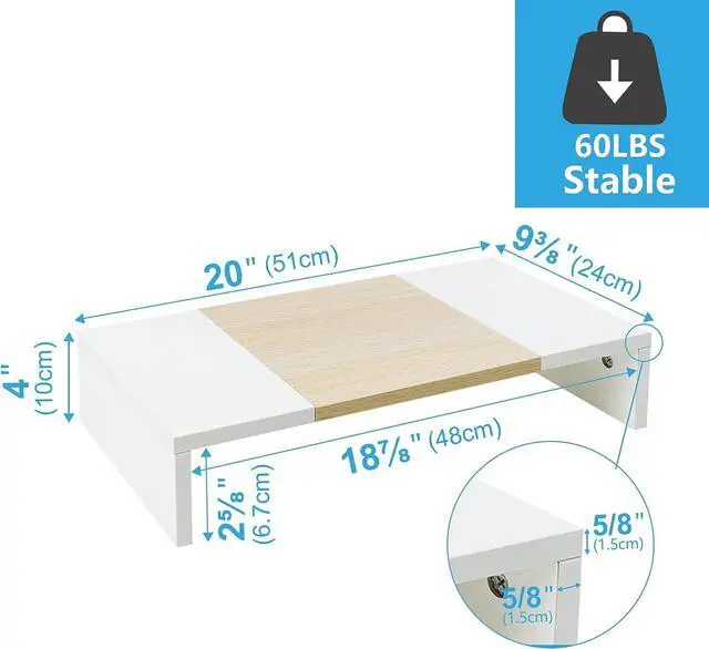 Alt view image 4 of 6 - TEAMIX Wood Monitor Stand Riser with Storage Shelf for TVs, PCs, Printers - 20 Inch, White+Maple