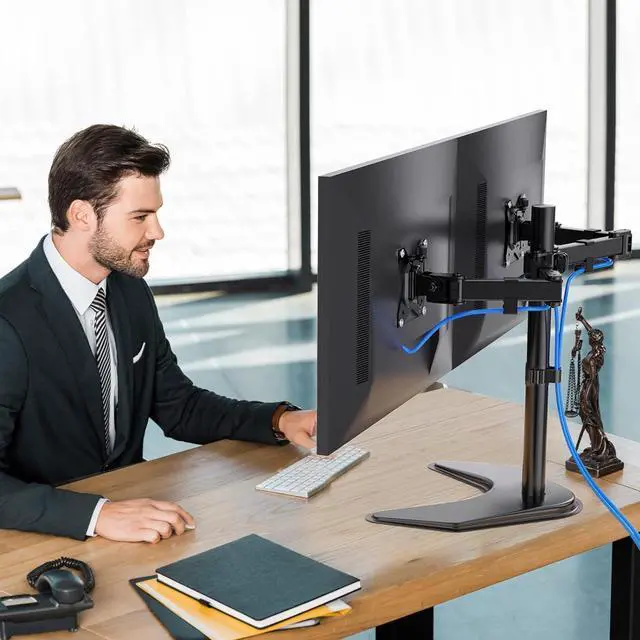 Alt view image 7 of 7 - Dual Monitor Stand 32 inch Free Standing Monitor Desk Mount Fully Adjustable Dual Monitor Arm with Vesa Mount 100x100 Max Computer Monitor Desk Stands for 2 Monitors Black HNCM1