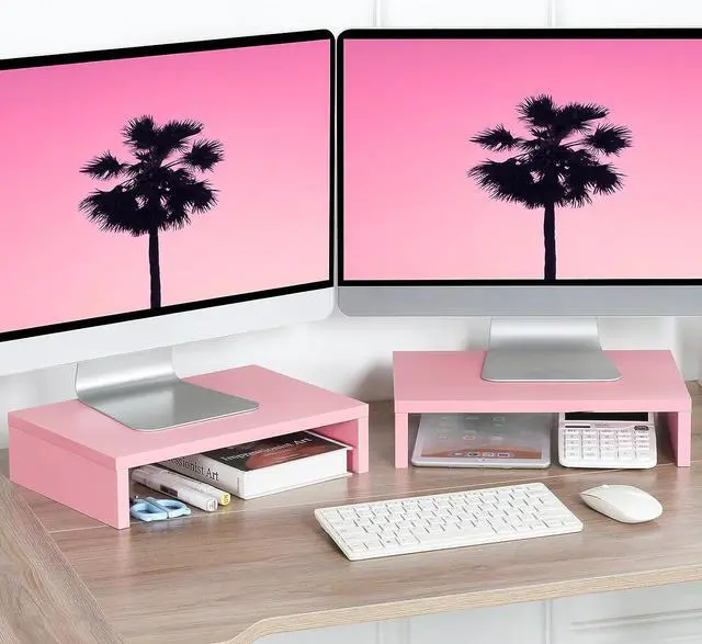 Alt view image 2 of 7 - TEAMIX Pink Monitor Stand Riser-2 Pack,Wood 2 Tier Adjustable Monitor Stand Dual Monitor Riser for 2 Monitors/Laptop/PC Computer Stand for Desk