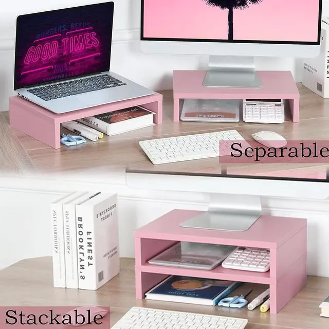 Alt view image 3 of 7 - TEAMIX Pink Monitor Stand Riser-2 Pack,Wood 2 Tier Adjustable Monitor Stand Dual Monitor Riser for 2 Monitors/Laptop/PC Computer Stand for Desk