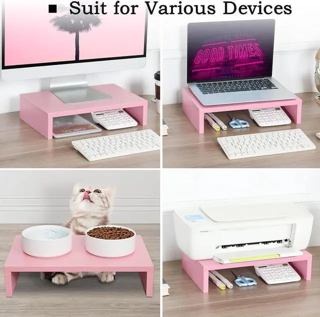 Alt view image 6 of 7 - TEAMIX Pink Monitor Stand Riser-2 Pack,Wood 2 Tier Adjustable Monitor Stand Dual Monitor Riser for 2 Monitors/Laptop/PC Computer Stand for Desk