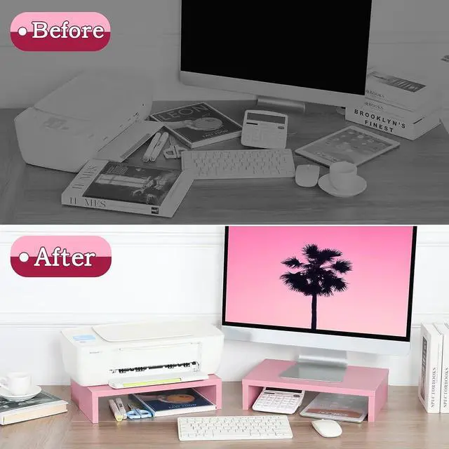 Alt view image 7 of 7 - TEAMIX Pink Monitor Stand Riser-2 Pack,Wood 2 Tier Adjustable Monitor Stand Dual Monitor Riser for 2 Monitors/Laptop/PC Computer Stand for Desk
