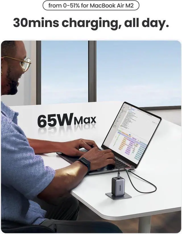 Alt view image 2 of 7 - UGREEN 65W USB C Charger, Nexode 3 Ports GaN Fast Charger Block, Compact Foldable Wall Charger for MacBook Pro/Air, iPhone 15 Pro Max/14/13, iPad Pro, Galaxy S24/S23, Pixel 8, Steam Deck (Black)