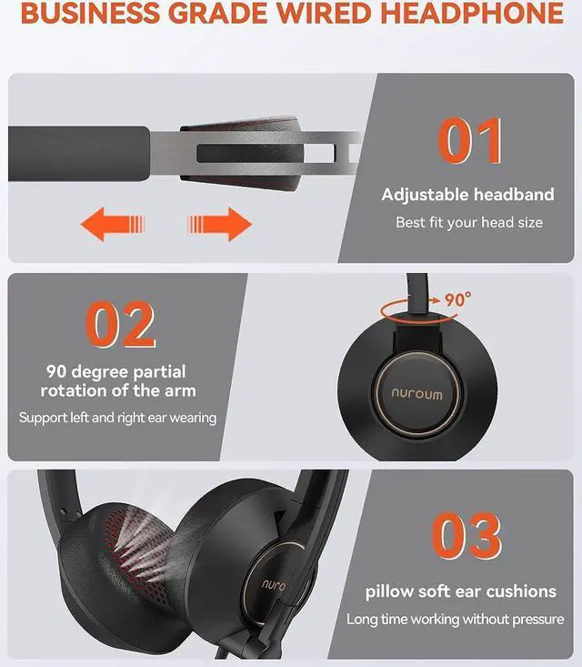Alt view image 5 of 7 - Wired Headset, Dual-Ear (Stereo) Headphones with Noise Canceling Microphone, On Ear Computer Headset with in-line Control, USB/Type-C, PC Headset for Home Office Online Class Skype Zoom