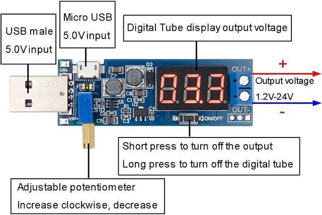 Alt view image 2 of 7 - 2PCS USB Buck Boost Converter Adjustable Step UP Step Down Power Supply Module Voltage Regulator DC-DC 5V to 3.3V 9V 12V 18V 24V