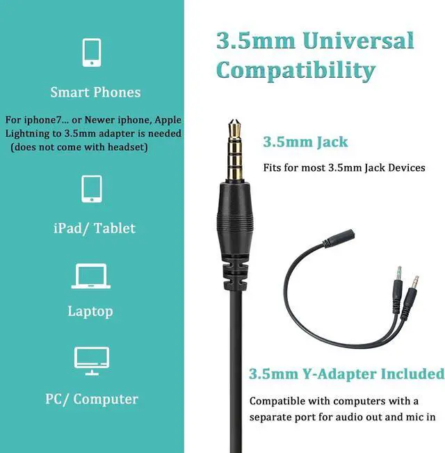 Alt view image 3 of 7 - 3.5mm Headset with Microphone Noise Cancelling for Cell Phone PC Laptop Stereo Computer Headphones for iPhone  Mac Call Center Office Skype in-line Control Clear Chat
