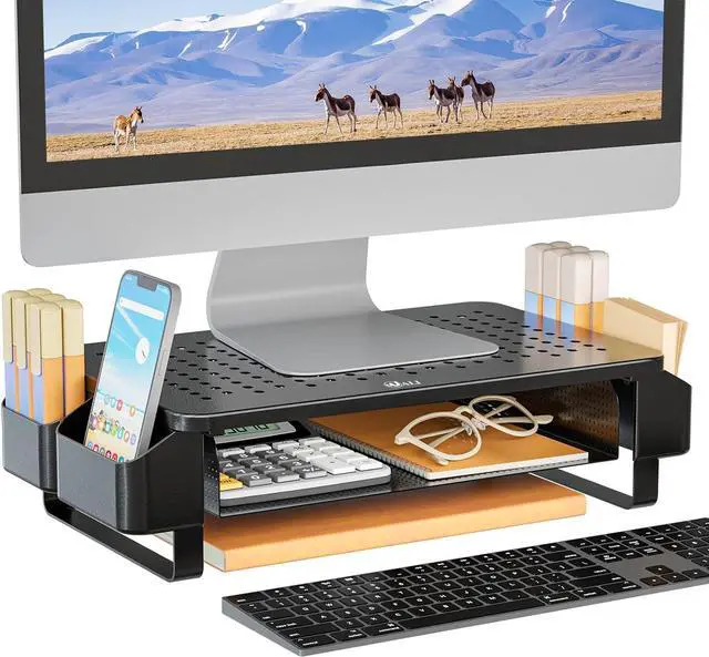 Main image of WALI Monitor Stand with Storage, Monitor Riser with Ventilation Drawer and Side Storage, Laptop Stand Riser for Desk, Printer Stands, (STT007), Black