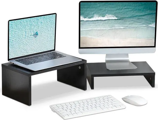 Main image of TEAMIX 2 Pack Black Monitor Stand Riser,Wood 2 Tier Adjustable Monitor Stand Dual Monitor Riser for 2 Monitors/Laptop/PC Computer Stand Desktop Space Saver
