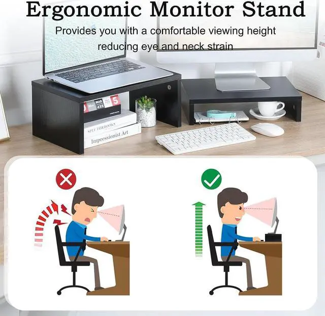 Alt view image 2 of 7 - TEAMIX 2 Pack Black Monitor Stand Riser,Wood 2 Tier Adjustable Monitor Stand Dual Monitor Riser for 2 Monitors/Laptop/PC Computer Stand Desktop Space Saver