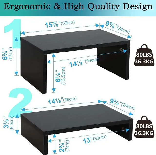 Alt view image 4 of 7 - TEAMIX 2 Pack Black Monitor Stand Riser,Wood 2 Tier Adjustable Monitor Stand Dual Monitor Riser for 2 Monitors/Laptop/PC Computer Stand Desktop Space Saver
