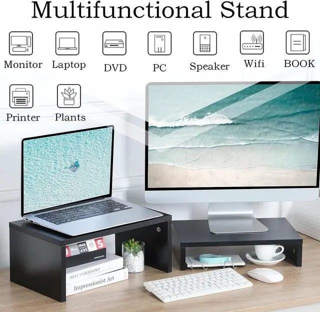 Alt view image 5 of 7 - TEAMIX 2 Pack Black Monitor Stand Riser,Wood 2 Tier Adjustable Monitor Stand Dual Monitor Riser for 2 Monitors/Laptop/PC Computer Stand Desktop Space Saver