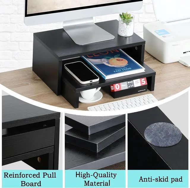 Alt view image 6 of 7 - TEAMIX 2 Pack Black Monitor Stand Riser,Wood 2 Tier Adjustable Monitor Stand Dual Monitor Riser for 2 Monitors/Laptop/PC Computer Stand Desktop Space Saver