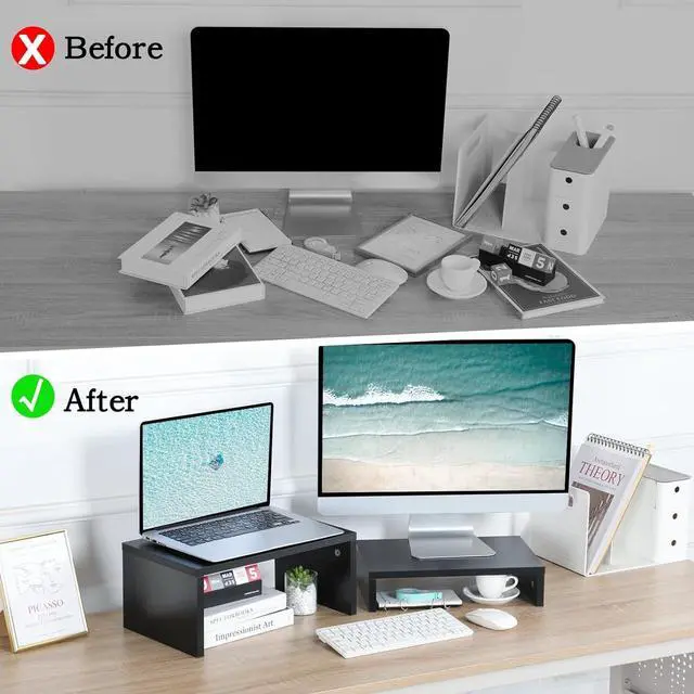 Alt view image 7 of 7 - TEAMIX 2 Pack Black Monitor Stand Riser,Wood 2 Tier Adjustable Monitor Stand Dual Monitor Riser for 2 Monitors/Laptop/PC Computer Stand Desktop Space Saver