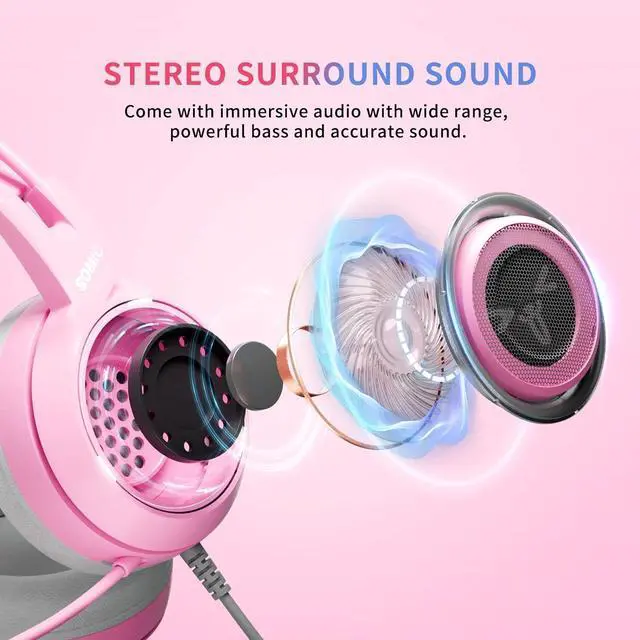 Alt view image 2 of 7 - SOMIC G951s Pink Stereo Gaming Headset with Mic for PS4,Xbox,PC,Mobile Phone,3.5mm Noise Reduction Cat Ear Headphones Lightweight Over Ear Headphones for Woman