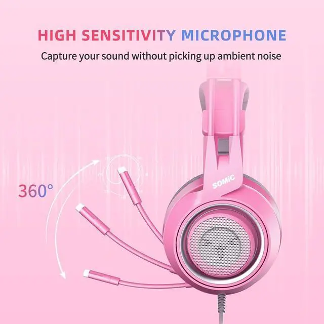 Alt view image 3 of 7 - SOMIC G951s Pink Stereo Gaming Headset with Mic for PS4,Xbox,PC,Mobile Phone,3.5mm Noise Reduction Cat Ear Headphones Lightweight Over Ear Headphones for Woman