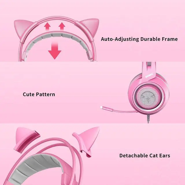 Alt view image 5 of 7 - SOMIC G951s Pink Stereo Gaming Headset with Mic for PS4,Xbox,PC,Mobile Phone,3.5mm Noise Reduction Cat Ear Headphones Lightweight Over Ear Headphones for Woman