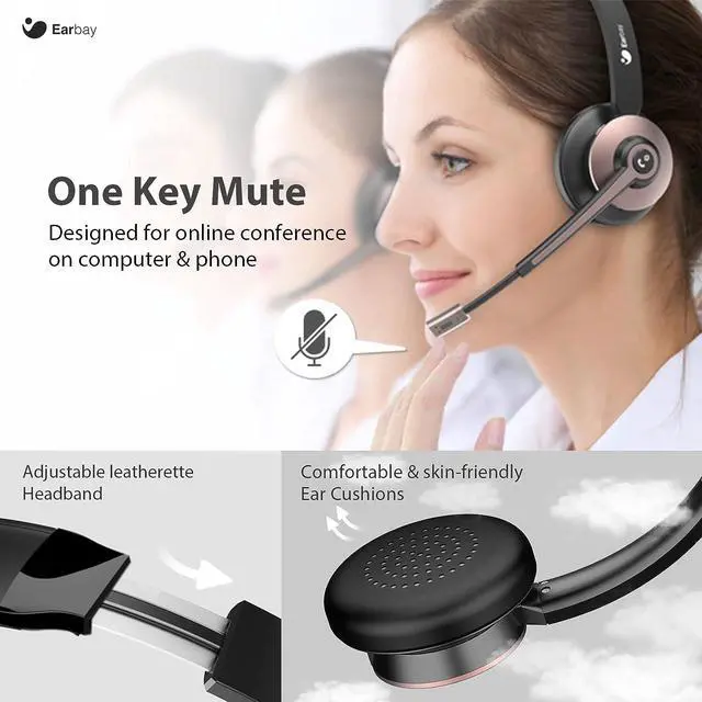 Alt view image 4 of 7 - Wireless Headset Bluetooth Headset with Microphone Noise Cancelling & USB Dongle Office Wireless Headphones with Mute & Charge Dock for PC/Cell Phone/Zoom/Conference Call Rose Gold